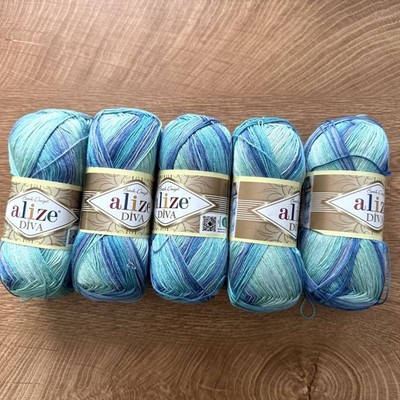 5 Alize Diva Batik 100g Skeins  Variegated Blue Teal Microfiber Crochet Yarn