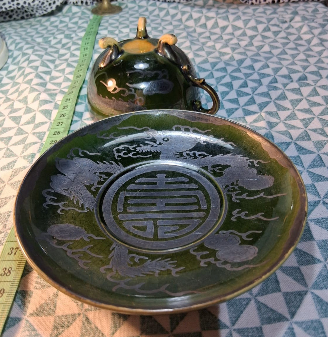 Antique Chinese Silver Overlay Porcelain Cup Saucer Set Republic Dragon Tripod image 8