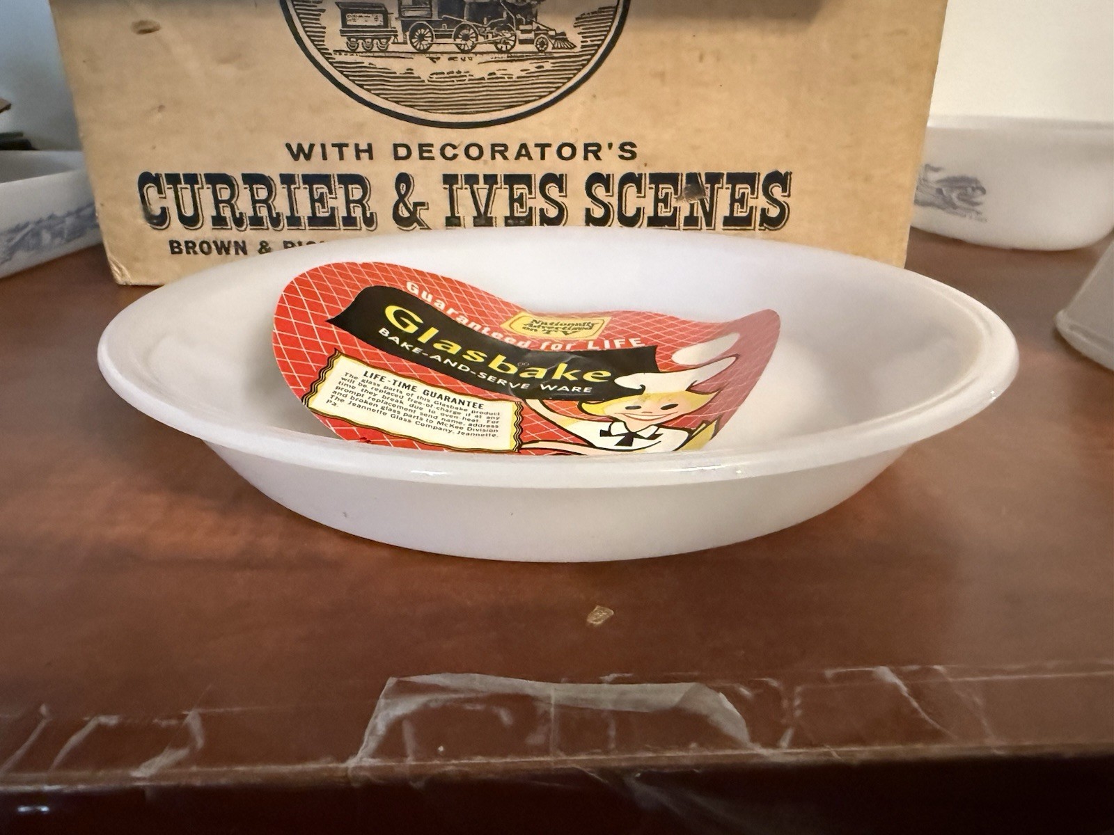 12 Pc. Origanal Box Currier And Ives Glasbake Space Age Milk Glass