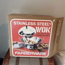 Vintage Farberware Stainless Steel Wok With Steamer Rack 5 Pc Set #703A New
