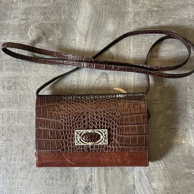 Brighton Swing Wallet Convertible Crossbody Strap Croc Embossed Brown 7.5X5 In