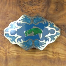 Western Fly Fish Sea Bass Fishing Pearl Blue Green Enamel Cowboy Belt Buckle
