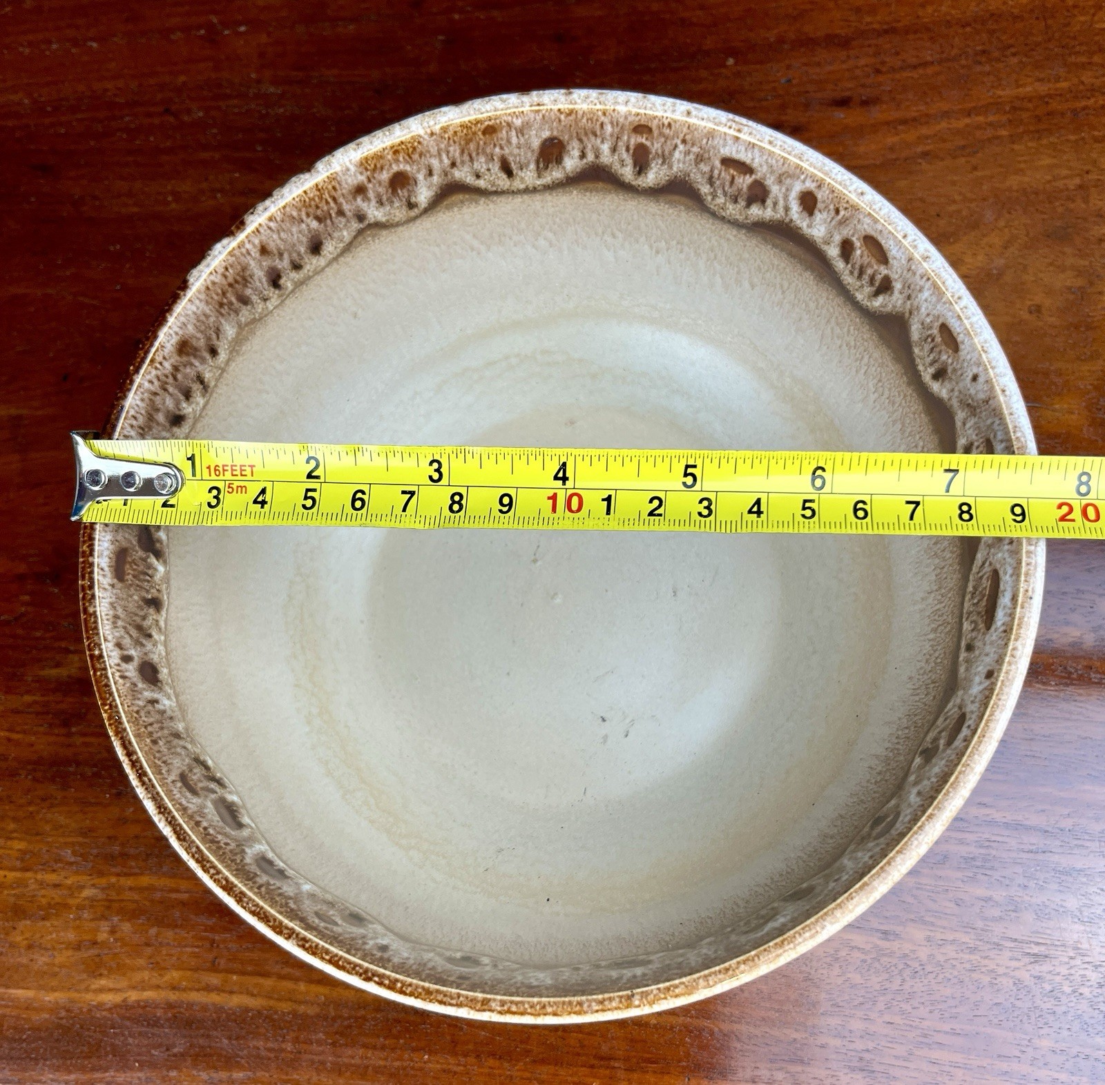 Vintage Studio Pottery Bowl Pierced Rim Brown Drip Glaze Made In England 19cm image 10