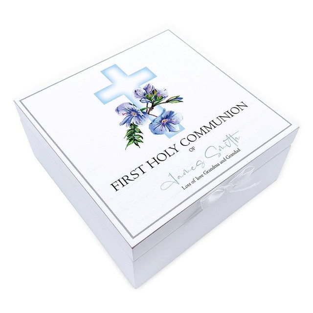 Personalised Communion Vintage Wooden Box With Blue Cross CGUV-10 Personalised Communion Vintage Wooden Box With Blue Cross CGUV-10