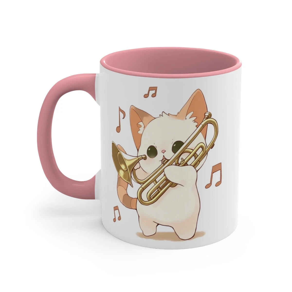Colorful Accent Coffee Mug 11oz Cute White Cat Trombone Brass Instrument Anime