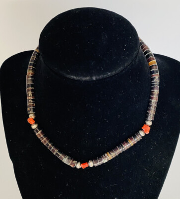 Amazing Vintage Native American Navajo Coral Heishi Sterling Silver Necklace Amazing Vintage Native American Navajo Coral Heishi Sterling Silver Necklace
