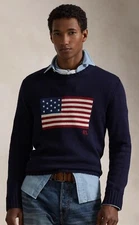 NWT Polo Ralph Lauren Navy Blue AMERICAN FLAG Knit CrewNeck Sweater