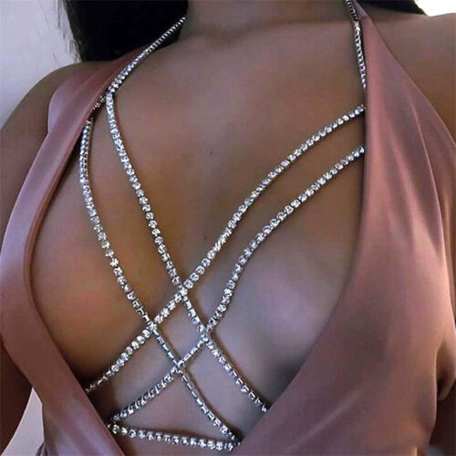 Strass Halskette Harness Brust Körper Kette Strand Bikini BH Schmuck Kristall - Bild 1 von 12