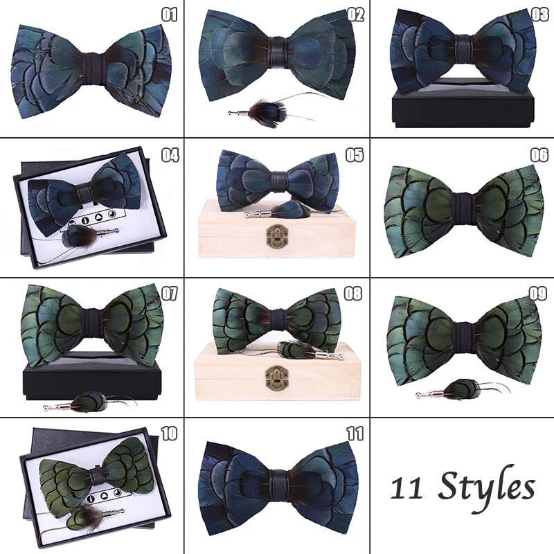 Corbata Pluma Pajarita Exquisita Hecha a Mano Broche Prendedor Verde Azul Lazo Fiesta Foto 3 de 4