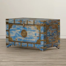 Anthropologie Style Moroccan Painted Brass Inlay Storage Trunk Coffee Table