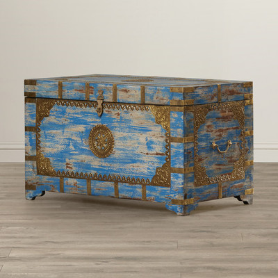 Anthropologie Style Moroccan Painted Brass Inlay Storage Trunk