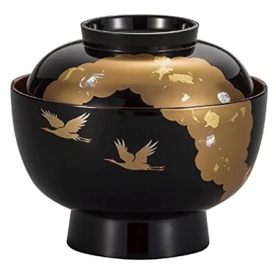 Owan Soup bowl Maki-e Yamanaka lacquerware Ozouni Flyng crane Black Japan