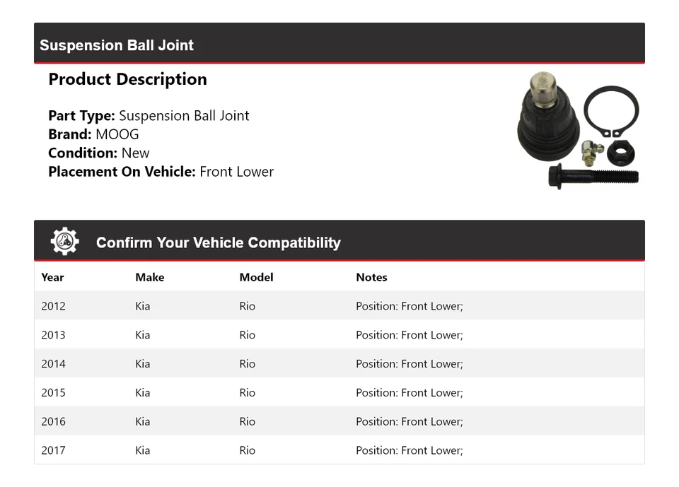 Rótula de suspensión delantera inferior MOOG 2012 2013 2014 2015 para Kia Rio 2012-2017 Foto 2 de 4