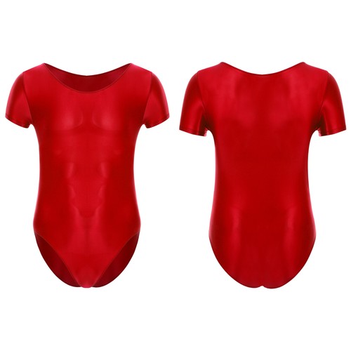 Mens Short Sleeve Leotard Glossy Solid High Cut Bodysuit Swimwear GYM Sportswear - Picture 35 of 78