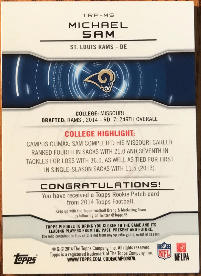 2014 Topps Rookie Patch Michael Sam #TRP-MS St. Louis Rams - Image 2 of 2