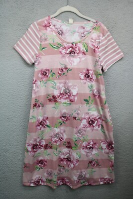 7th Ray Short Sleeve Striped Floral Dress-Pockets-Size Medium-Cottagecore