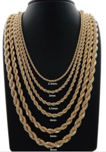 Collar de cadena de cuerda trenzada de acero inoxidable chapado en oro para hombre y mujer Foto 3 de 4