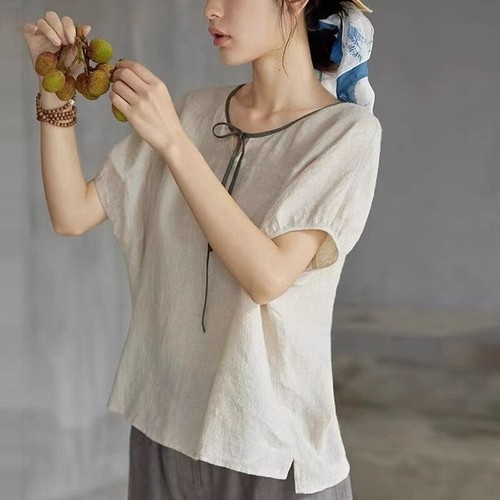 Ladies Casual Short Sleeve T-shirt Cotton Blend Top Blouse Retro Summer T-shirt - Picture 4 of 5