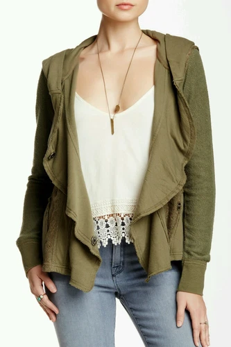 NWT $148 FREE PEOPLE CLEMENTINE LACE INSET HOODIE SIZE SMALL OLIVE