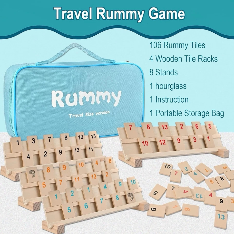Wooderma Rummy Cube Game Set – 106 Tiles, Wood Trays + Travel Bag - Image 3 of 4