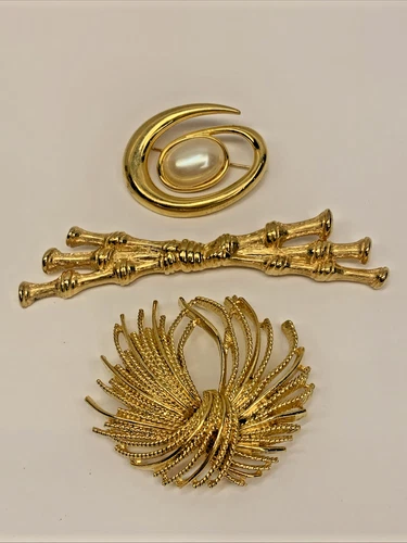 Vintage Monet Lot of 3 Gold Tone Brooches Retro Costume Jewelry