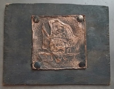 Vintage Copper Pirate Cooper Plate Relief On American Black Walnut Wood Plaque