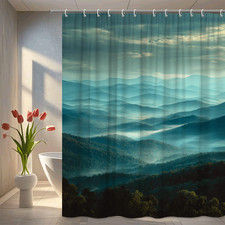 Mountain View Shower Curtain Blue Misty Forest Landscape Scenic Nature Bathroom