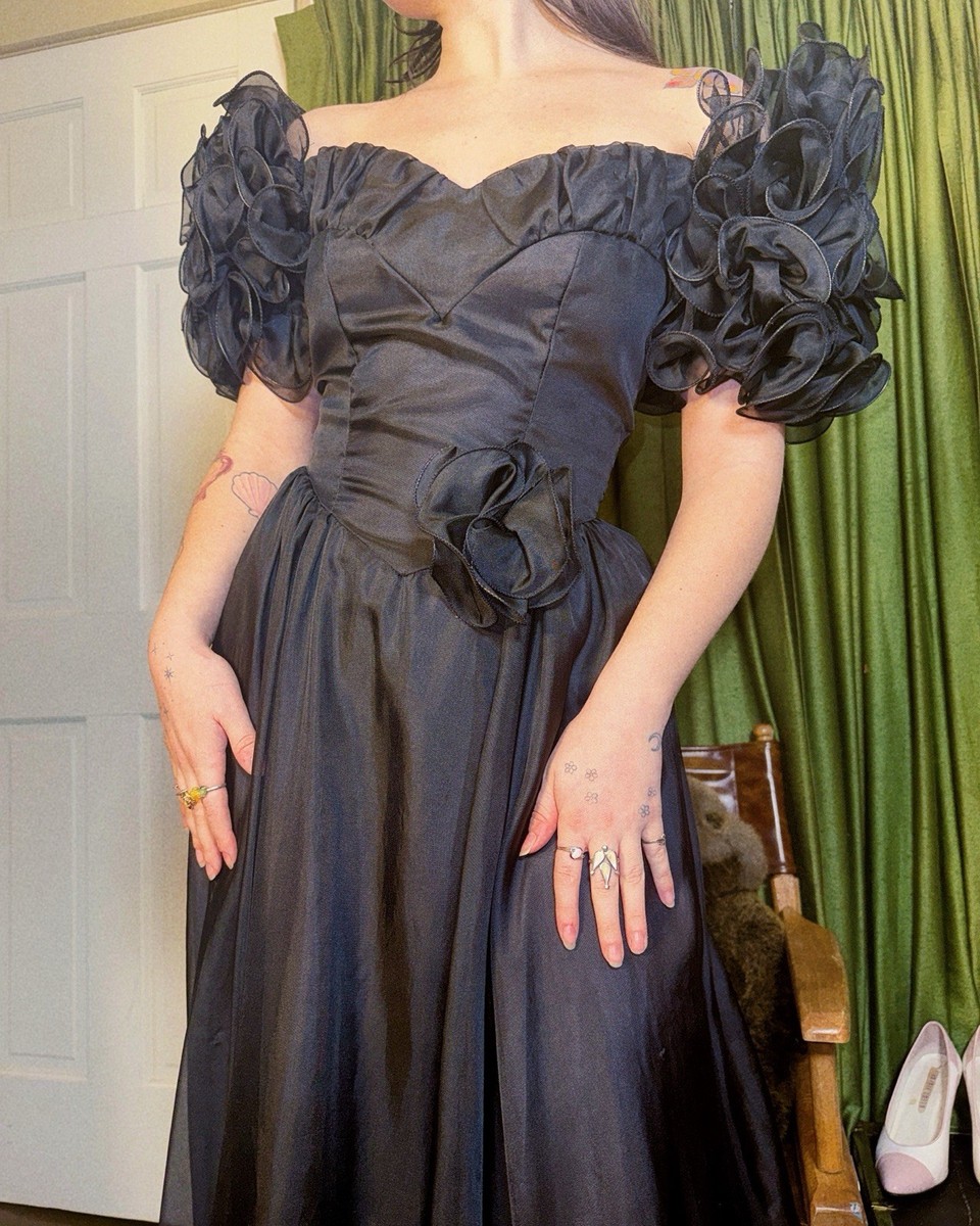 Late 70s Early 80s Black Ball Gown Prom Formal Dress Size Small Vintage