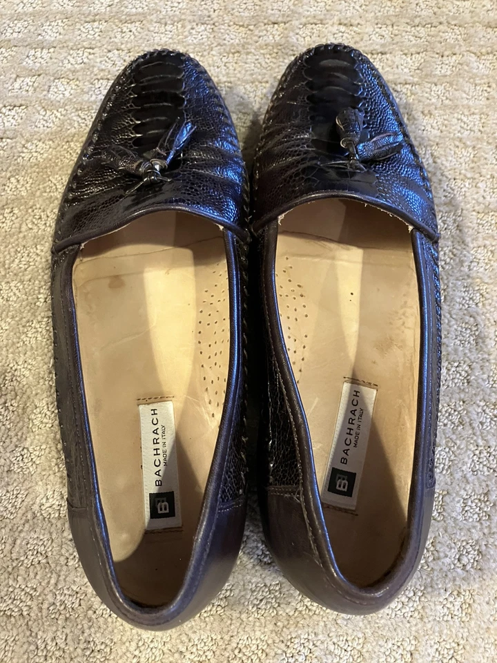 Bacharach Italian Leather Croc Print Tassel Loafer Slip-On Black Mens 10.5 Shoes - Image 4 of 4