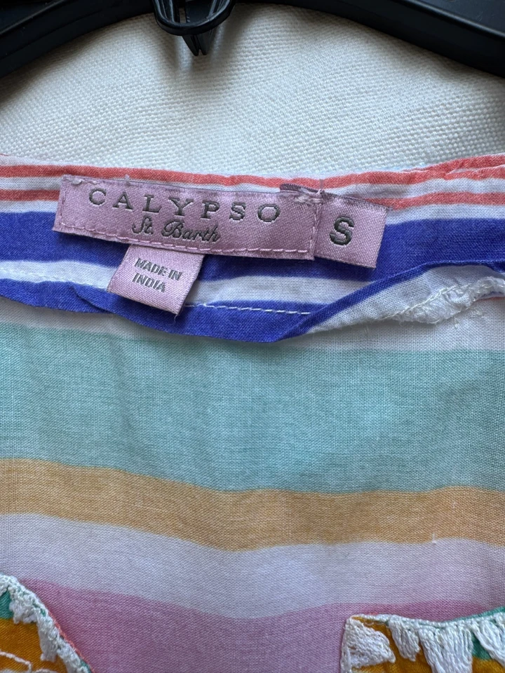 Vestido Calypso St Barth Talla Pequeña S Algodón Rayas Flecos Playa Bordado V-ne Foto 4 de 4