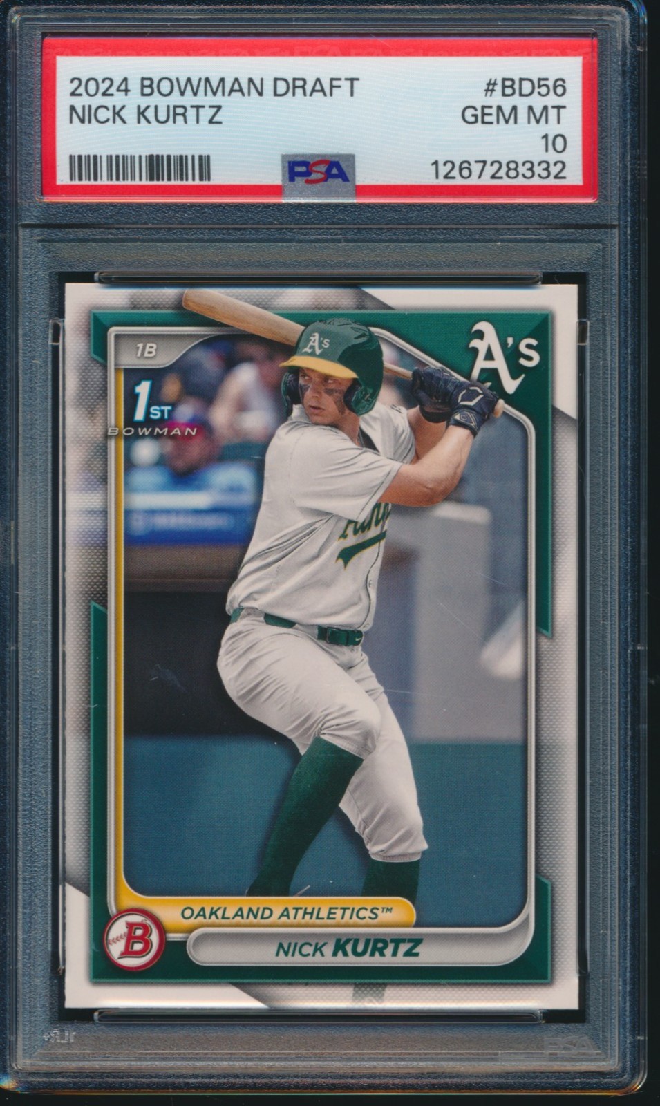 PSA 10 NICK KURTZ 1st 2024 Bowman Draft Paper  A's Rookie Card RC GEM MINT