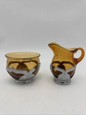 Farber Bros. Krome Kraft Cambridge Amber Glass Creamer And Sugar Set