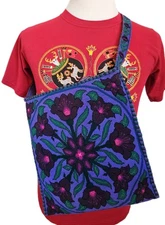 RARE Beutiful Huichol Textile Hand Embroidered Purple Flowers XL Morral Bag