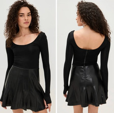 Alice + Olivia Arden Vegan Leather Scoop Neck Pleated Mini Dress Black 12 NWT