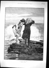 Old Antique Print 1889 Caught By The Tide Young Girls Beach Scene Rossi 19th