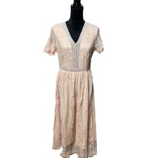 PrettyGarden Pink Lace Maxi Dress V-Neck Short Sleeve Crochet Trim Floral NWT