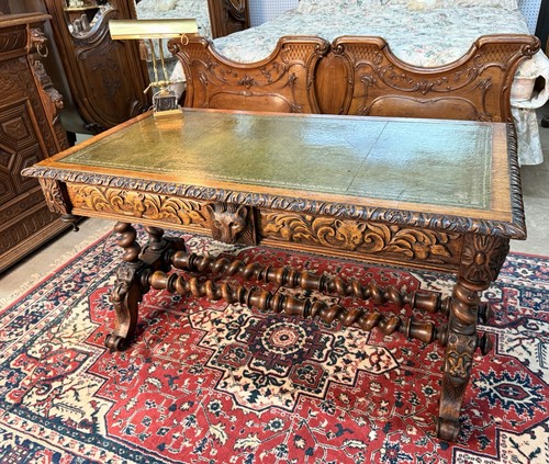 Antique French Desk Leather Top Writing Table Double Barley Twist Tiger Oak 1880