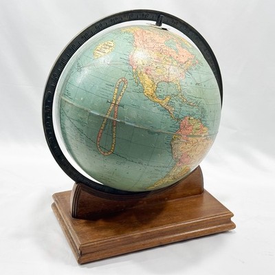Vintage Replogle 12 inch World Globe in Brass Frame on Wooden Base 1941-1945 Era