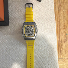 KIMSDUN Automatic Skeleton Tonneau Watch Yellow Rubber Strap Silver Case Box