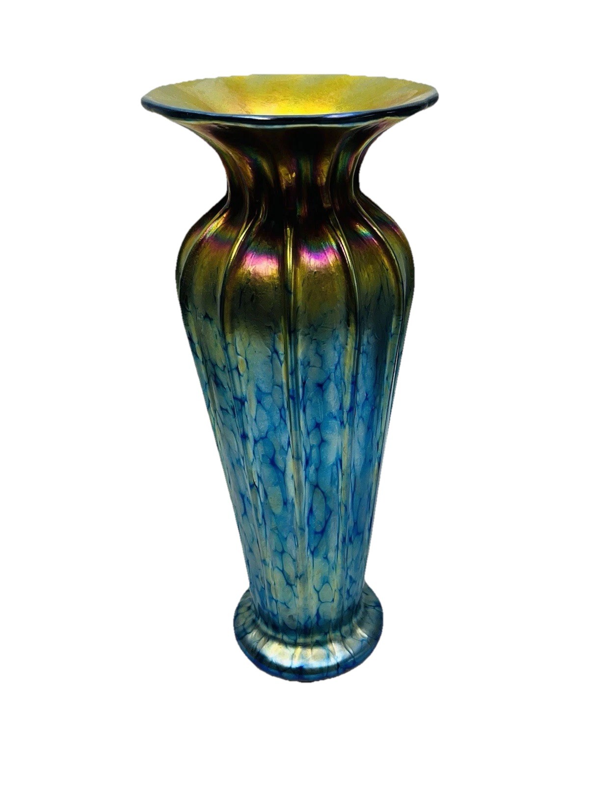 LUNDBERG STUDIOS  VASE Tall 12.5" Iridescent Gold Blue - Signed/Numbered 111652