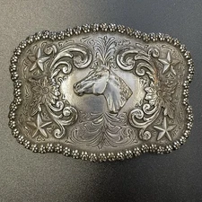 Nocona Fancy Horse Head Belt Buckle Silver Tone Western Cowboy Cowgirl Rodeo