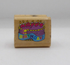 Stamp Wooden Happy Birthday w Cake Mfr Noteworthy  1994 1 1/4" x 1" Made in USA