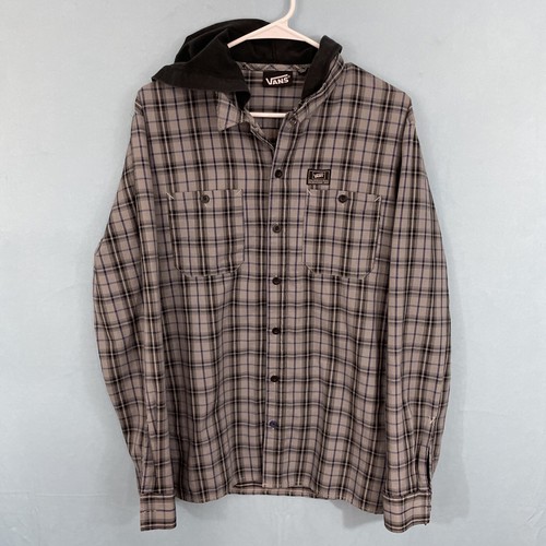 VANS Hooded Shirt M Men Gray Surf Check Plaid Snap Collared Button Up Y2k 00s M - Picture 11 of 24