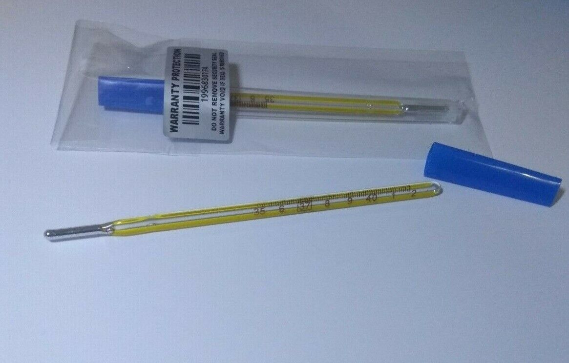 TERMÓMETRO DE MERCURIO, PRECINTADO. AMARILLO, MEJOR VISIBILIDAD.