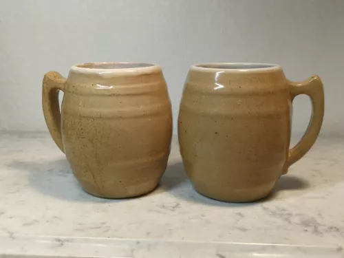 2 Vintage Crock Uhl Pottery Mugs Brown Marked Primitive Jug Style Read