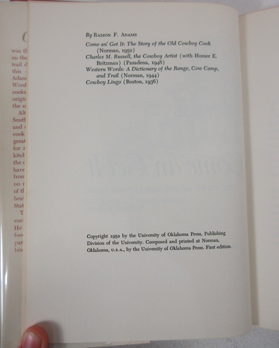 SIGNED 1st ED "Come an' Get it: Old Cowboy Cook" Ramon F. Adams 1952 Hardback DJ - Picture 4 of 8