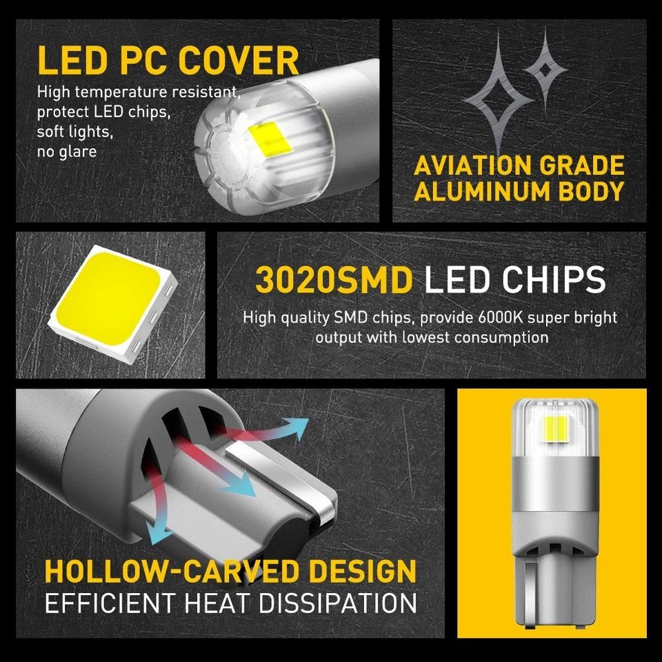 T10 LED License Plate/Map Light Bulb 194 168 2825 W5W White 6500K Waterproof - Image 4 of 4