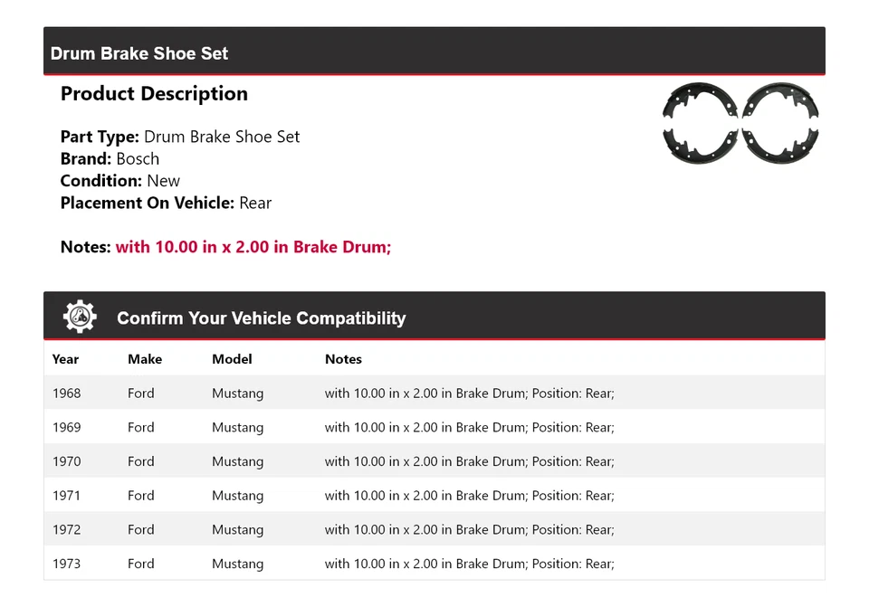 适用于 1968 - 1973 福特野马博世鼓刹车鞋套装后部 1969 1971 1972 — 第 2/3 张图片