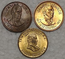 Lote "U" Juego de 3 Medallas/Fichas Presidenciales Monroe/Polk/Buchanan 1" Diámetro BUENO