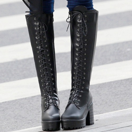 Women Knee High Combat Boots Lace Up Block Mid Chunky Heel Platform Knight Shoes - Picture 6 of 26